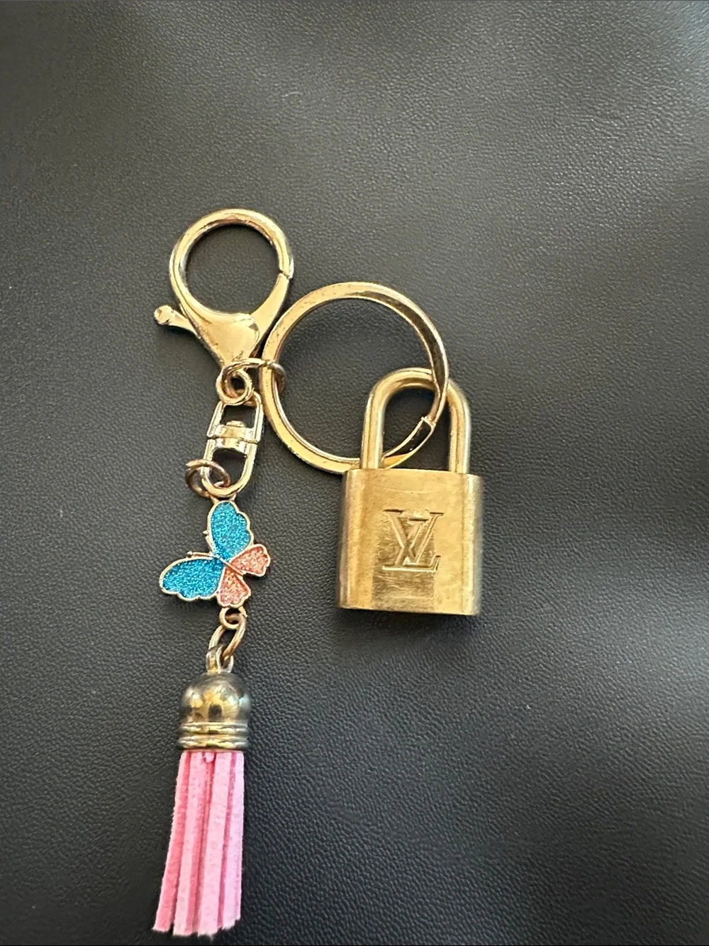 Louis Vuitton Gold Padlock Key Charm with Pink Tassel & Blue-Pink Butterfly